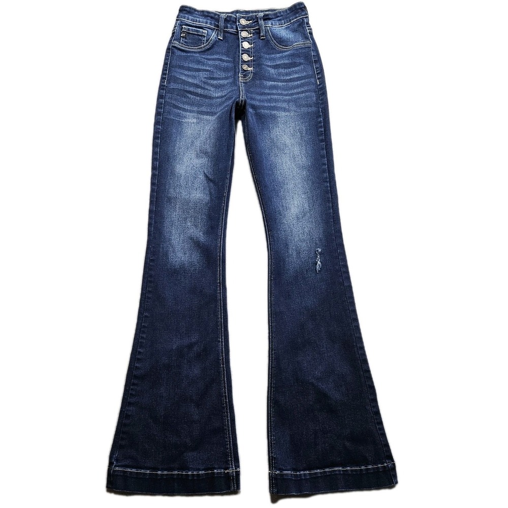 Kancan Super Flare Bell Bottom Jeans Womens 7 25x33 Blue High Rise Button Fly